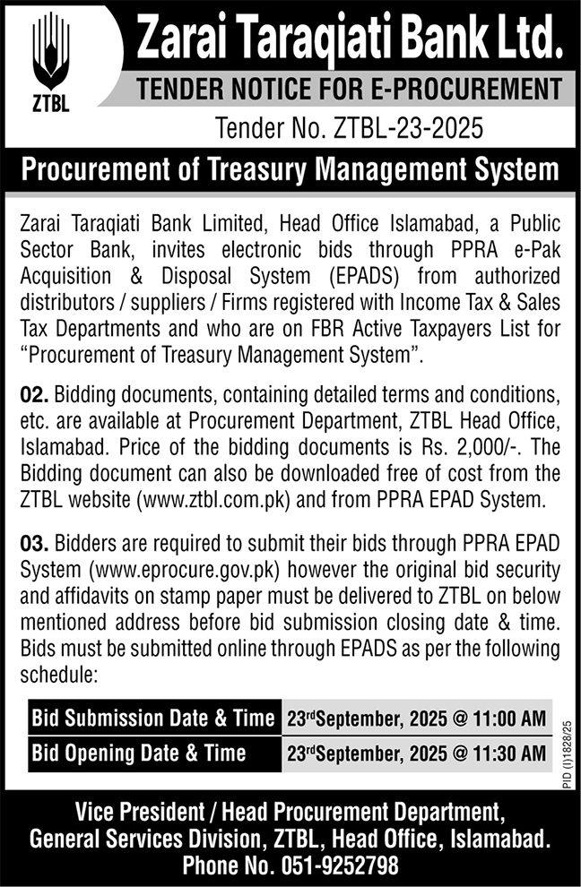 Zarai Taraqiati Bank Limited Islamabad Tender Notice
